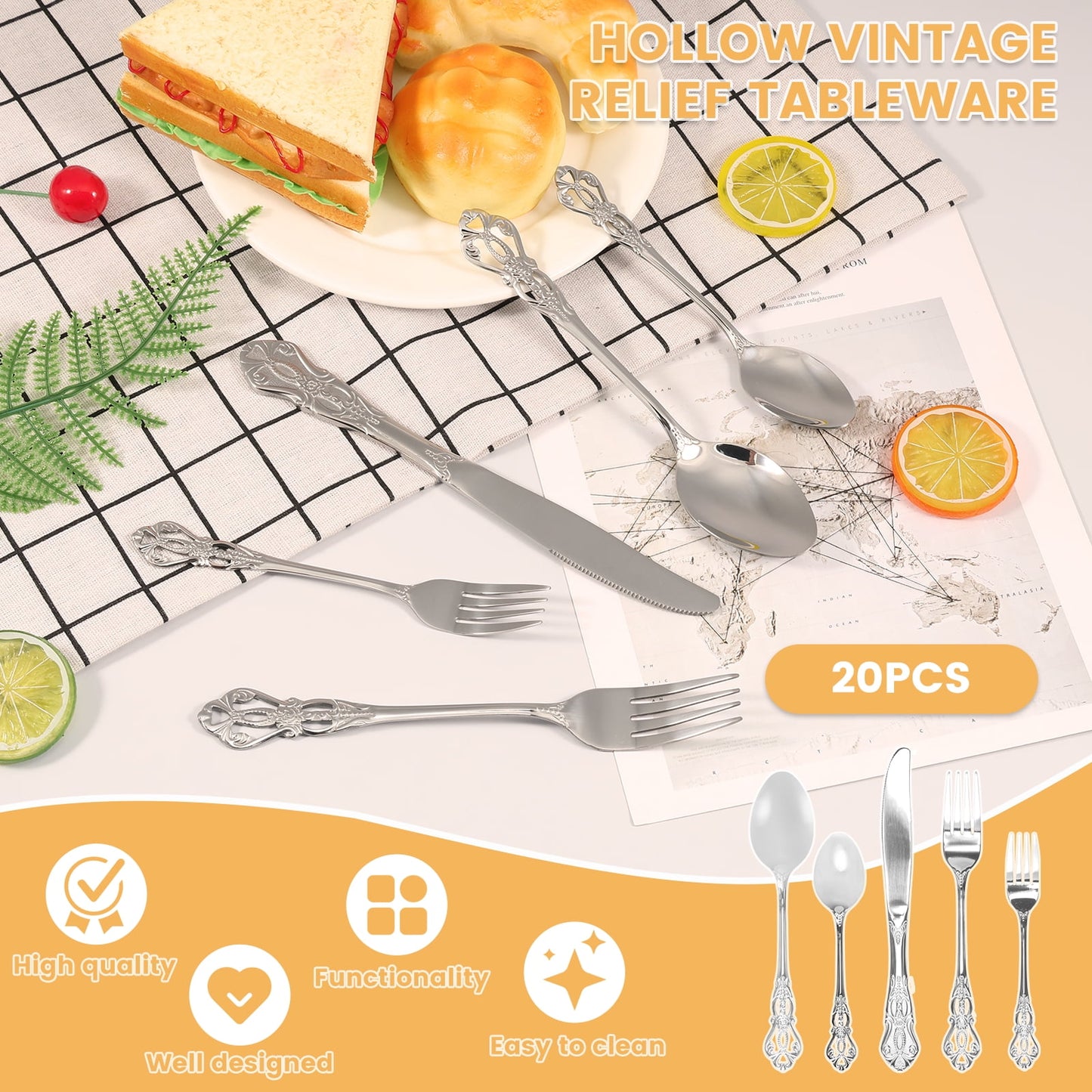 20 Pcs Retro Royal Silverware Set for 4,Gorgeous Silver Flatware Set with Steak Knives,Premium Stainless Steel Vintage Cutlery Set with Forks Spoons and Knives,Dishwasher Safe