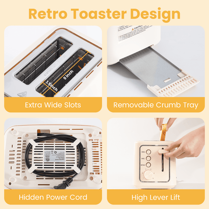 VAVSEA 2 Slice Toaster, 1000W Retro Wide Slot Toaster with 6 Shade Settings & LED Light for Bagels, Waffles, Toast, Bread, Removable Crumb Tray, Breakfast Helper, Beige