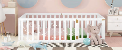 Full Size Floor Bed Frame for Kids, Solid Wood Montessori Bed Frame with Fence Rail and Door, Montessori Floor Bed Wood Full Bed Frame for Boys and Girls, White