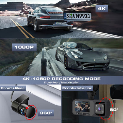 AUOSHI 3 Channel Dual Dash Cam Front Rear 4K/2.5K+1080P 3.16" Full HD with Wi-Fi GPS Free 64GB SD Card Car Dashboard Recorder IPS Screen Night Vision Wide Angle WDR 24H Parking Mode Support 256GB Max