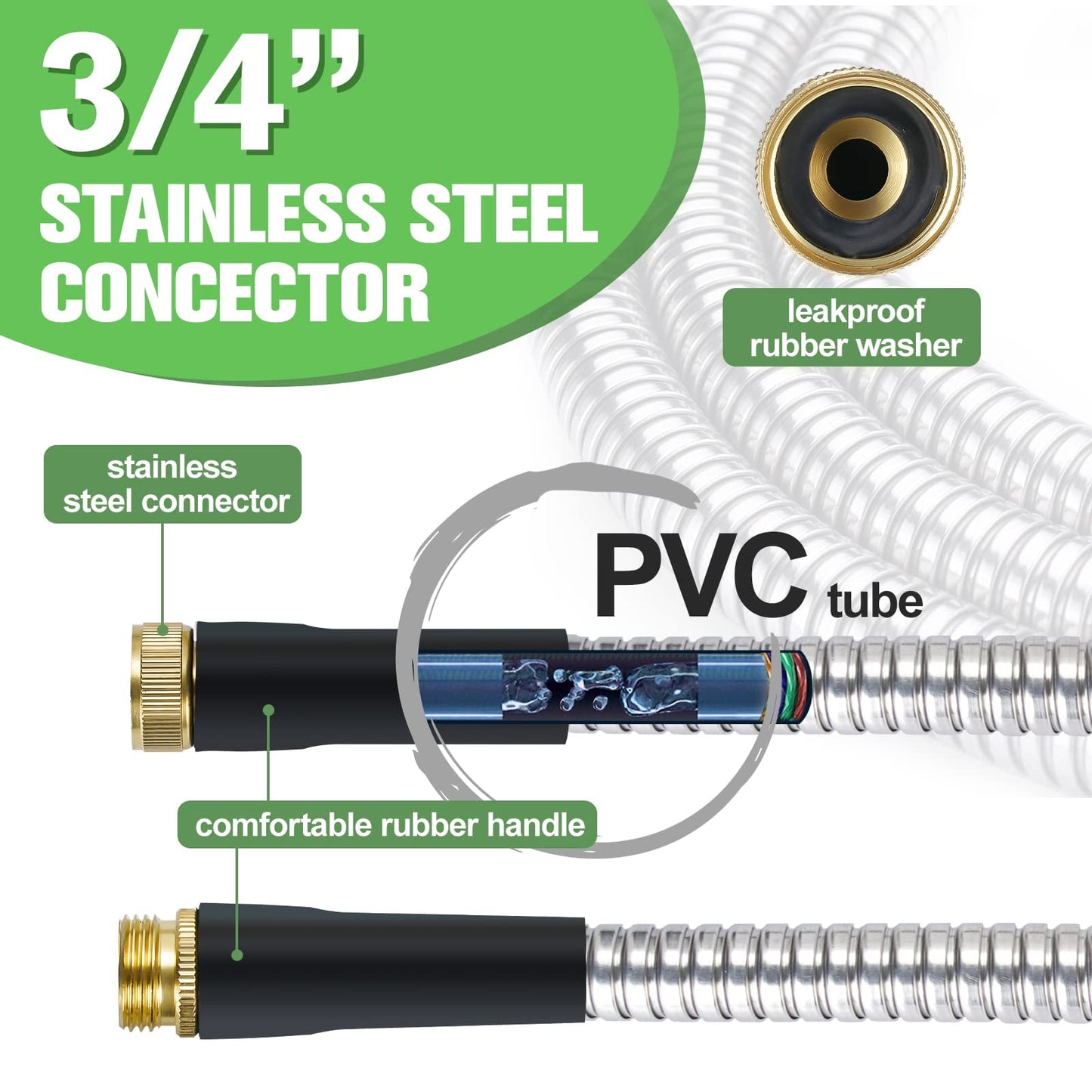 Metal Garden Hose 75ft Stainless Steel Water Hose Super Tough Flexible Water Pipe with 3/4 inch Brass Fittings and Sprayer Nozzle, Kink & Tangle Free, Rust Proof