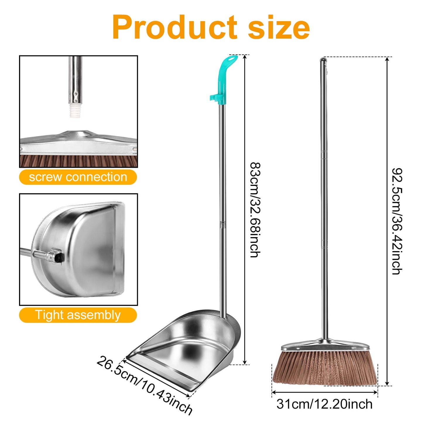 Broom and Dustpan Set with Long Handle Heavy Duty Stainless Steel Dustpan with Broom Space Saving Broom Dustpan Combo Sweeper and Dustpan Set with Broom Clip for Indoor Outdoor Kitchen Lobby