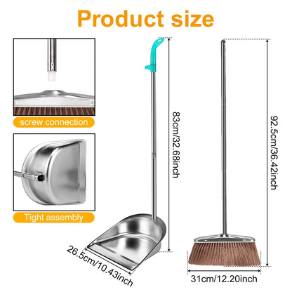 Broom and Dustpan Set with Long Handle Heavy Duty Stainless Steel Dustpan with Broom Space Saving Broom Dustpan Combo Sweeper and Dustpan Set with Broom Clip for Indoor Outdoor Kitchen Lobby