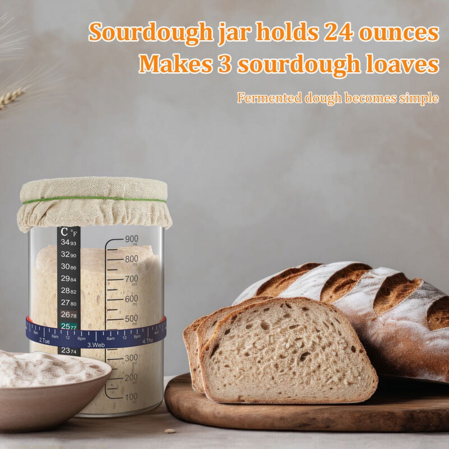 Qenwkxz 5pcs Sourdough Starter Jar Kit with Scale 900ml Large Capacity Sourdough Starter Container with Stainless Steel Lid Spatula Feeding Band Reusable Glass Sourdough Fermentation Jar for Baking