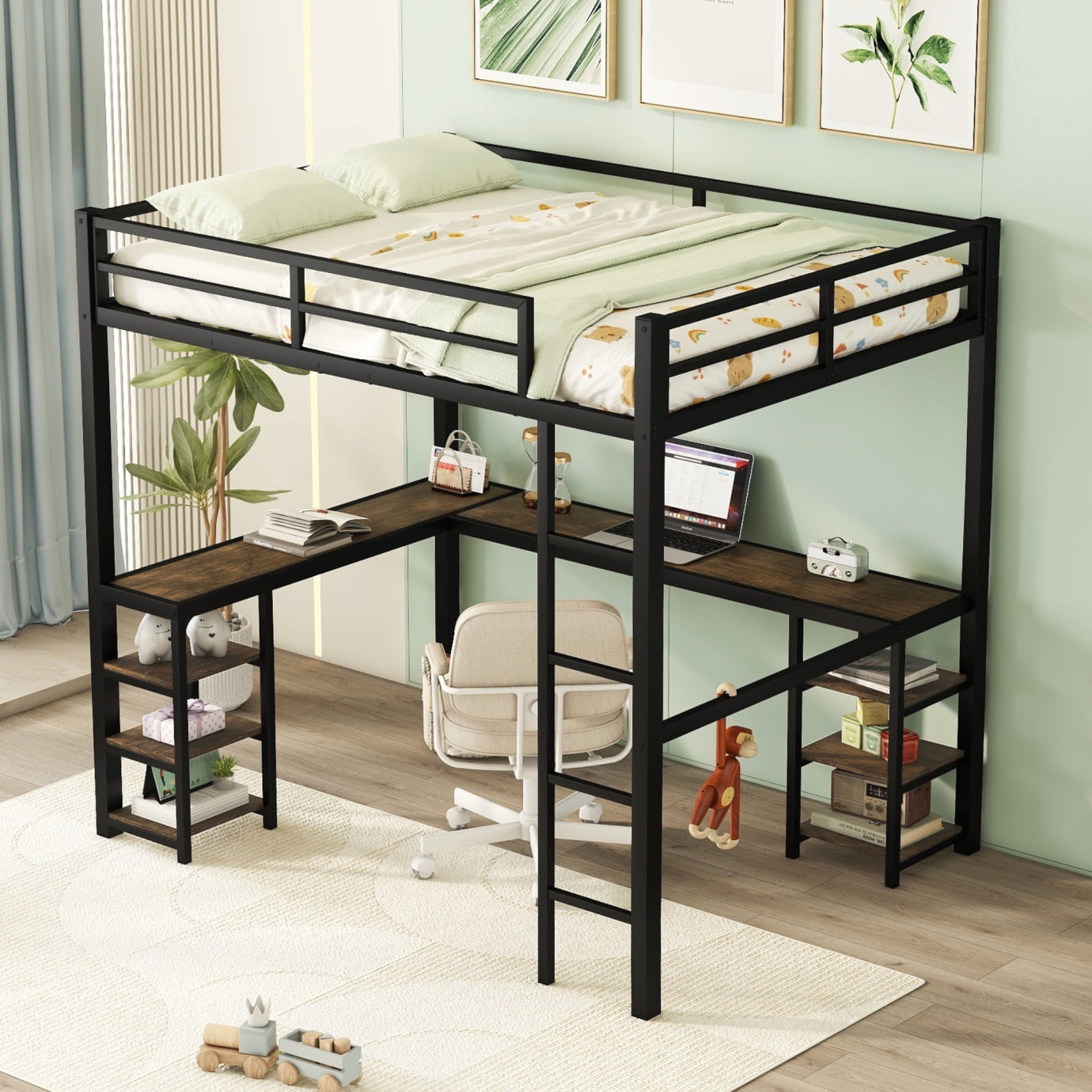 Full Size Loft Bed with Desk and 6 Storage Shelves for Kids Teens Adult, Metal Bed Frame with L-Shaped Desk and Ladder, Noise Free & Space-Saving Design, No Box Spring Needed, Black