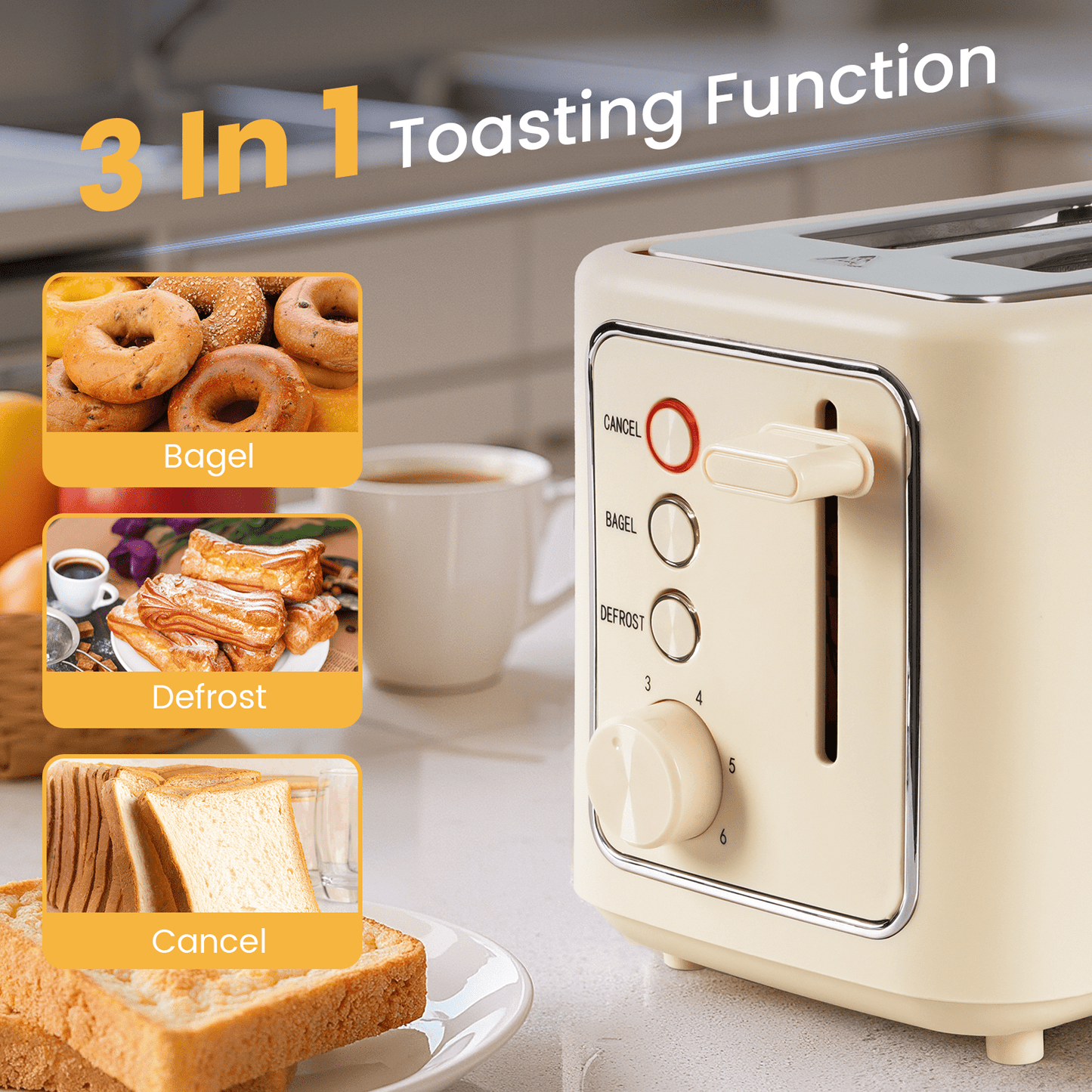 VAVSEA 2 Slice Toaster, 1000W Retro Wide Slot Toaster with 6 Shade Settings & LED Light for Bagels, Waffles, Toast, Bread, Removable Crumb Tray, Breakfast Helper, Beige