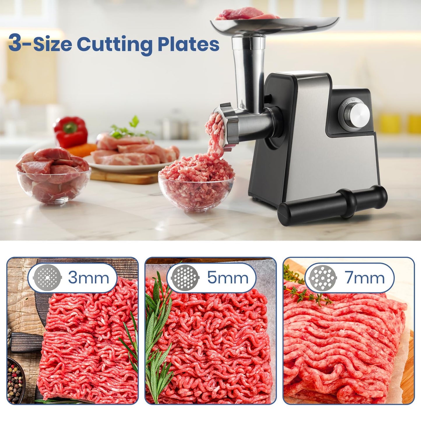 Electric Compact Meat Grinder for Home Use: Meat Mincer with 3 Plates, Blade, Sausage Stuffer, Kibbeh Kit, Stainless Steel Meat Grinder Machine Sausage Maker Kubbe Maker for Homemade Hamburger