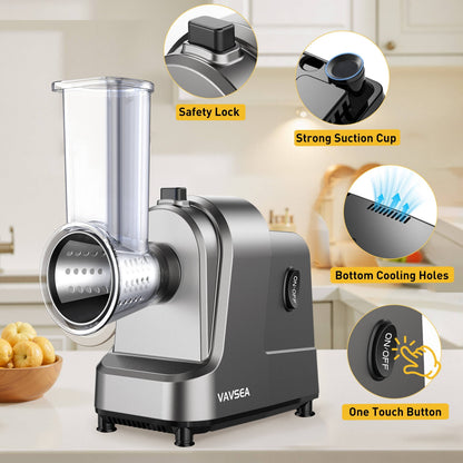 VAVSEA 5-in-1 Electric Cheese Grater, 400W Electric Cheese Shredder with 5 Stainless Blades, Salad Maker with One-Touch Control for Cheese, Vegetables and Fruits