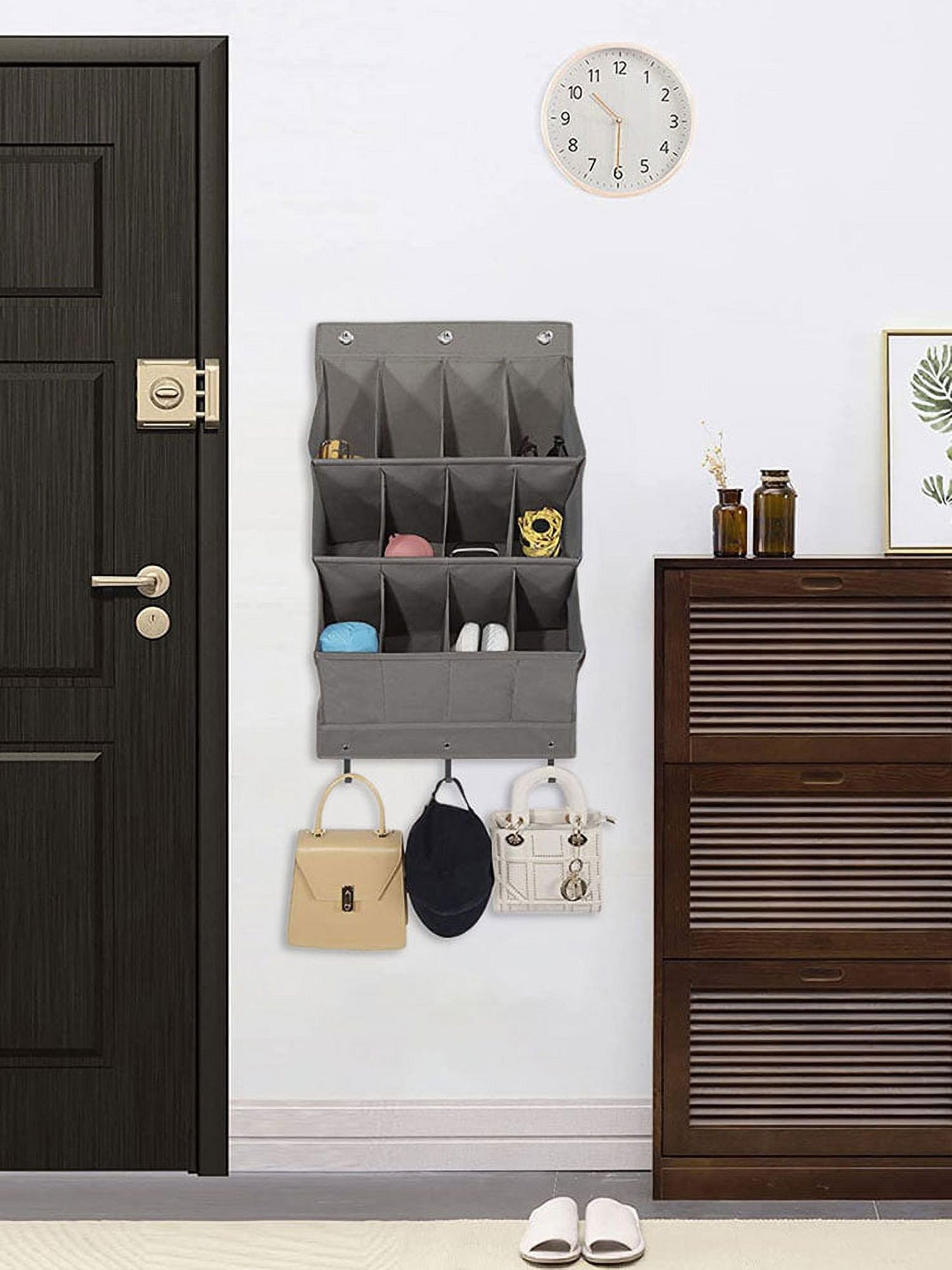 Tcwhniev 12 Pockets Over the Door Shoe Organizer Storage Bag, Hanging Shoe Rack Holder, Wall Mounted Shoe Hanger with 3 hooks, Gray