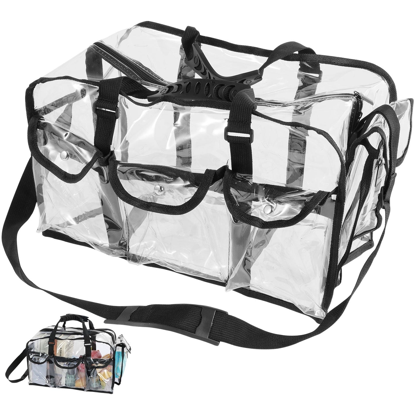 Txkrhwa Clear PVC Makeup Bag with 4 External Pockets, Wide Open Clear Makeup Organizer Bag, Zippered Clear Cosmetics Bag, Large Clear Makeup Tote Bag Toiletry Bags with Shoulder Strap