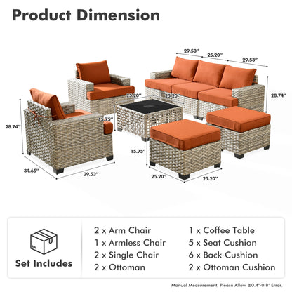 Vcatnet 8 Pieces Outdoor Patio Furniture Sectional Sofa PE Rattan Wicker Conversation Set with Solar Powered Coffee Table for Porch,Backyard,Orange Red