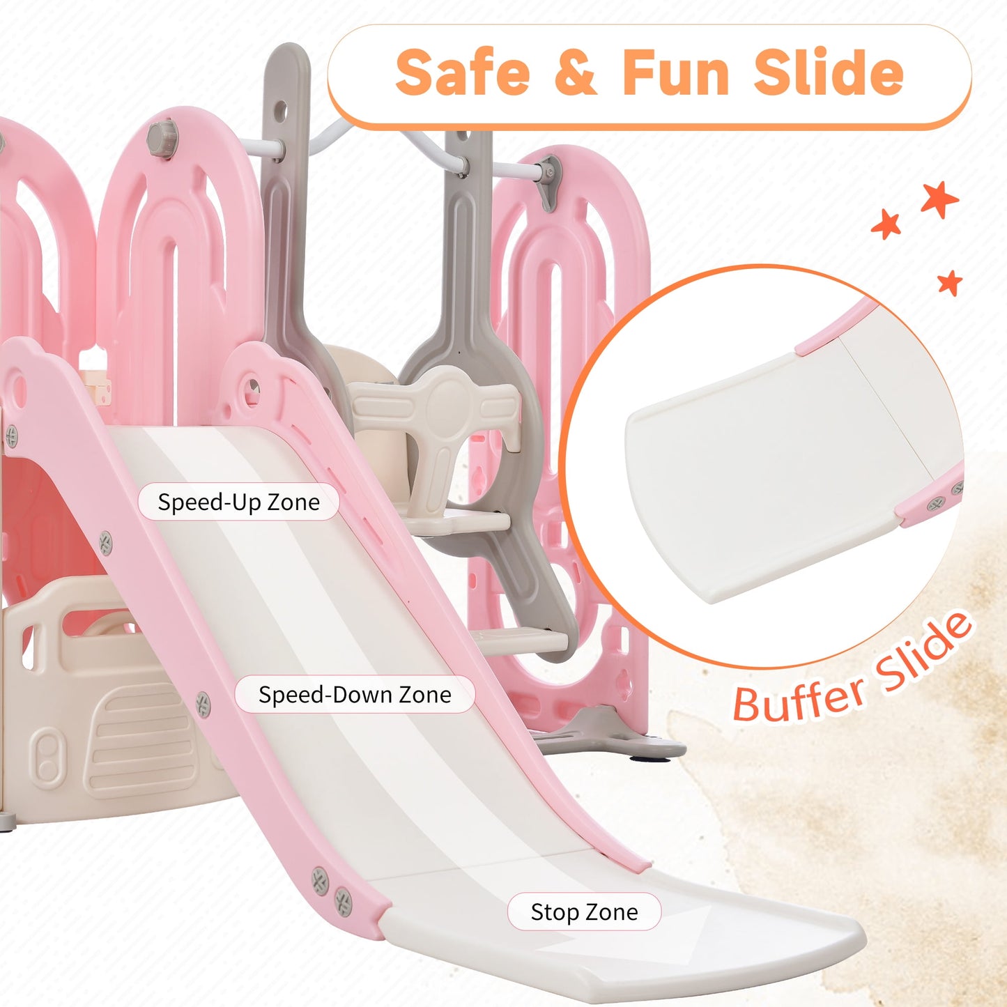 5 in 1 Toddler Slide and Swing Set, Kids Playground Climber Slide Playset with Basketball Hoop Freestanding Combination, Indoor & Outdoor Toys for Babies Kids Teens, Pink