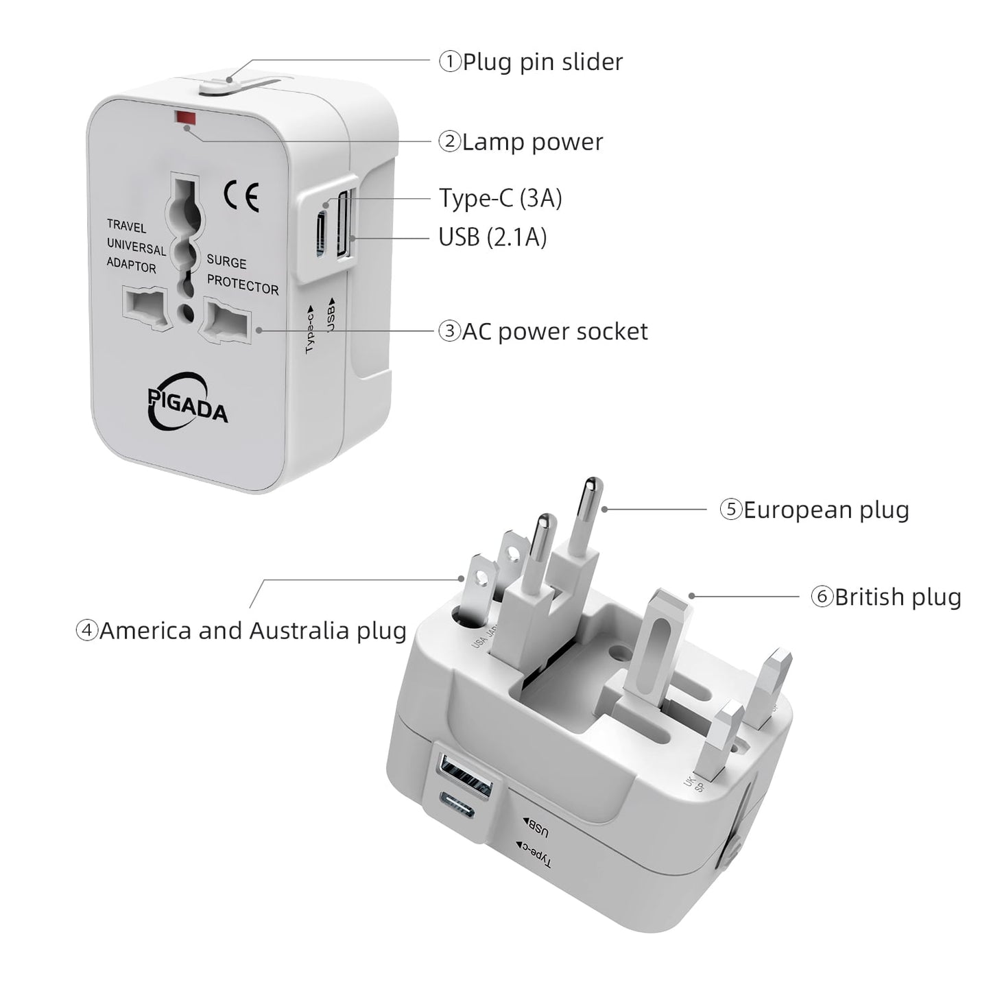 Universal Travel Adapter, International Plug Adapter with 2 USB Ports (1 USB C), PIGADA Worldwide Wall Charger AC Power Plug Converter Adaptor for US to EU UK AUS Asia