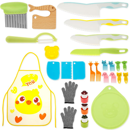 Wekvgz 27pcs Kids Cooking Set Safe Kids Kitchen Cutter Set Montessori Kids Cutting Set with Cutters Potato Chipper Peeler Cookie Cutter Mold Bear Sandwich Mould Chopping Bboard Gloves Apron Forks