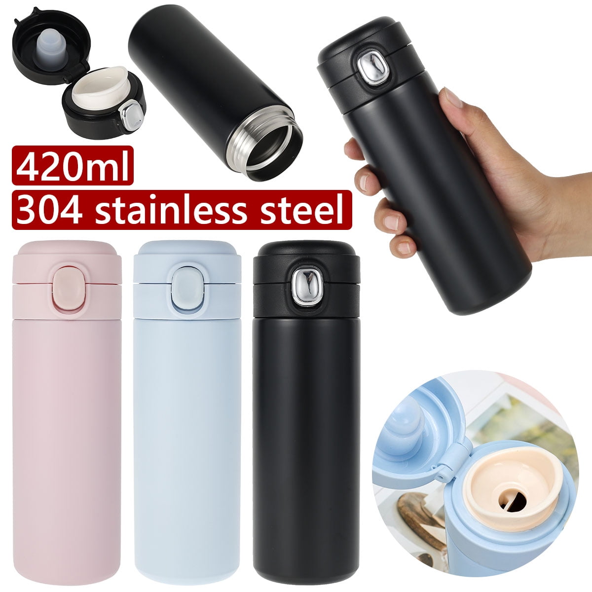 Pluokvzr Stainless Steel Travel Cup with Leak-Proof Lid Insulated Vacuum Travel Coffee Mug Pop-up Travel Coffee Cup