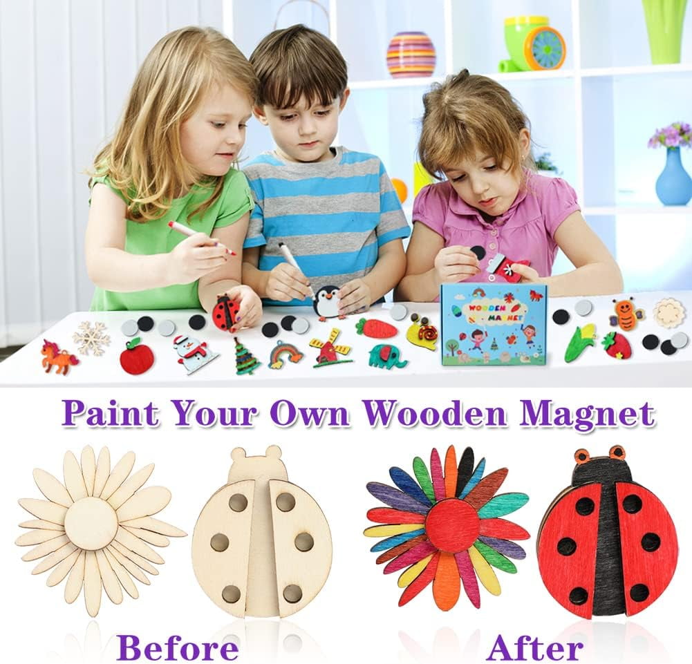36 Pcs Wooden Magnets, DIY Creativity Art Craft Supplies Painting Kit for Kids Party Favors, Decorate Your Own Painting Gift for Ages 4-8 8-12, Birthday Easter Gifts Basket Goodie Bag Stuffers