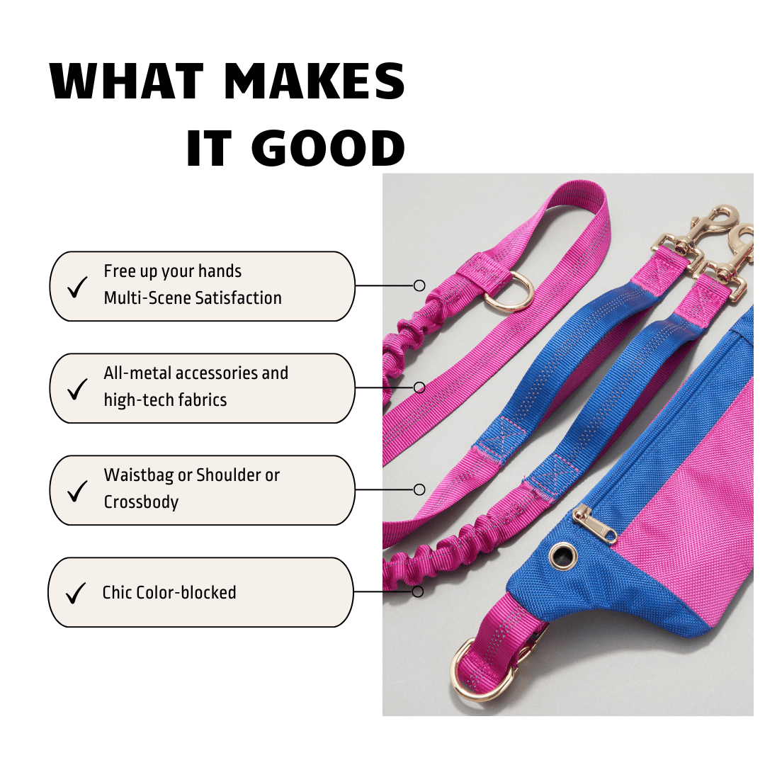 WOONONO Color-Blocking Hands Free Dog Leash with Pouch Fanny Pack and Leash Combo for Walking Dogs