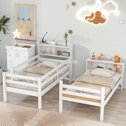 Twin Over Twin Bunk Beds with Bookcase Headboard, Solid Wood Bed Frame with Safety Rail and Ladder, Can Be converted into 2 Beds, for Kids/Teens Bedroom, Guest Room