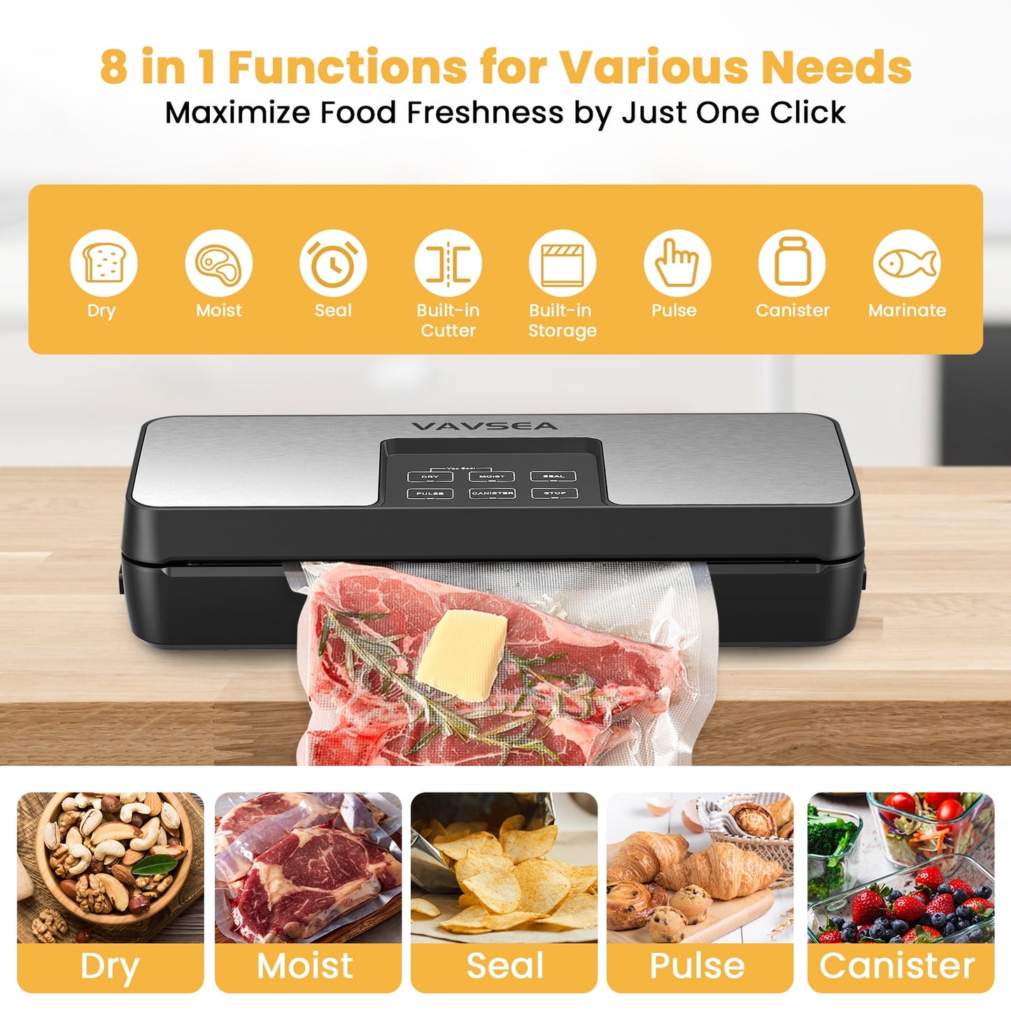 VAVSEA 85Kpa Vacuum Sealer Machine with Built-in Cutter, 8-in-1 Food Vacuum Sealer with Bag Roll Storage Space and 10 Bags & 1 Bag Roll for Sous Vide and Food Storage