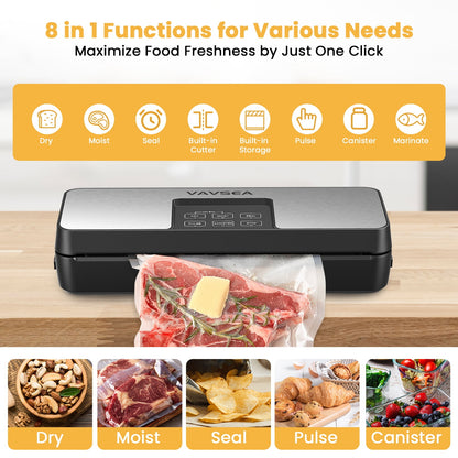 VAVSEA 85Kpa Vacuum Sealer Machine with Built-in Cutter, 8-in-1 Food Vacuum Sealer with Bag Roll Storage Space and 10 Bags & 1 Bag Roll for Sous Vide and Food Storage