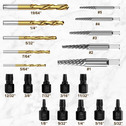 OKYMOTOR 20Pcs Left Hand Drill Bit,Bolt Extractor and Left Hand Drill Bit Set Multi-Size Damaged Screw Extractor Set Metal Hex Head Bolt Remover Kit for Stud Bolt Screw Nut