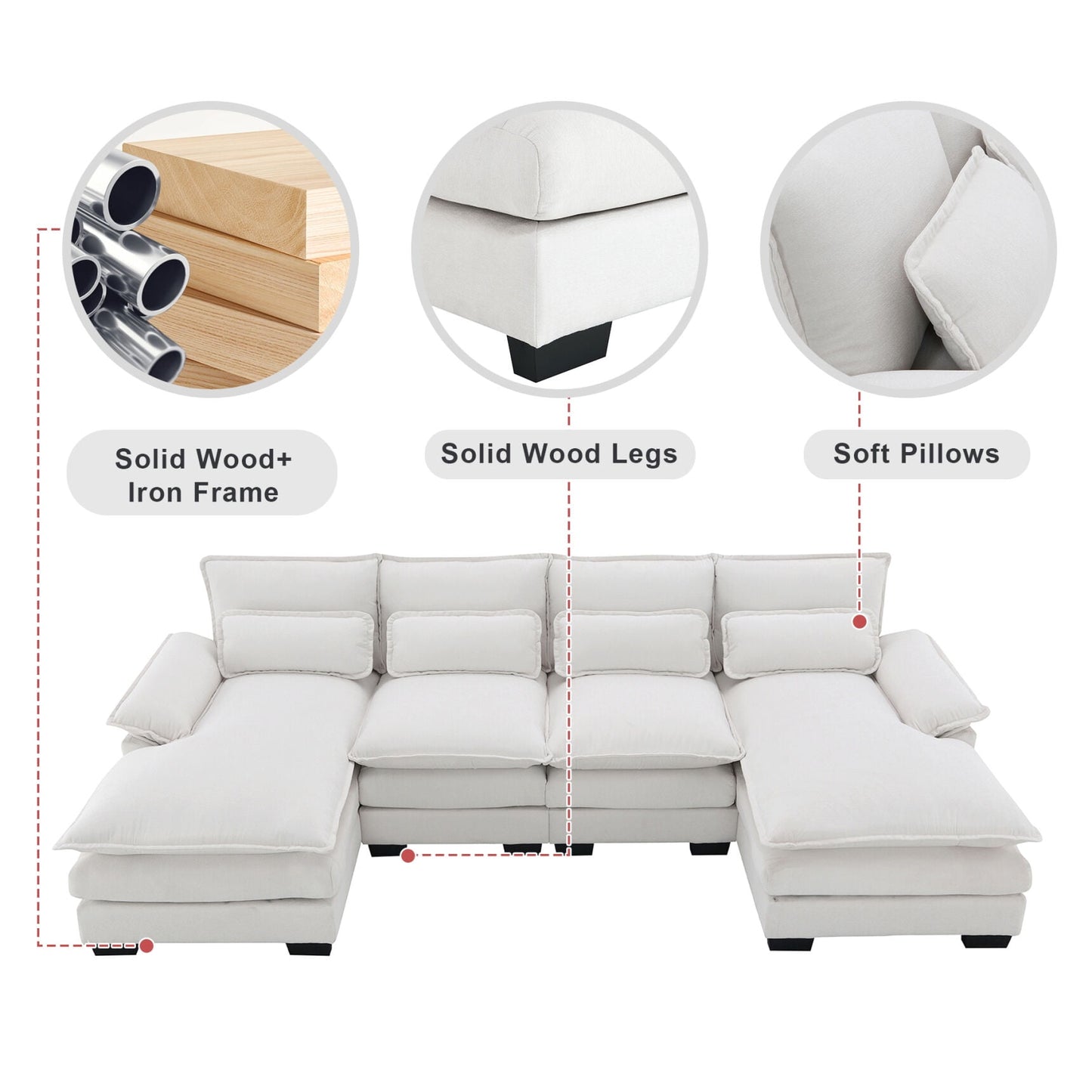 110.6" Sectional Sofa Cloud Couch,U Shaped Sleeper Sofa with Waist Pillows and Backrests, Upholstered 6 Seat Cloud Couch with Chaise Lounge and Cushions for Living Room,Apartment,Office,White