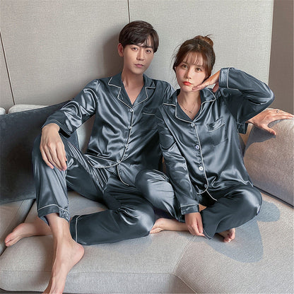 Baqcunre womens pajama sets Couples Matching Pajamas Sets Silk Satin Long Sleeve Sleepwear Button-Down Soft Loungewear Loose Pjs Set Grey,3XL
