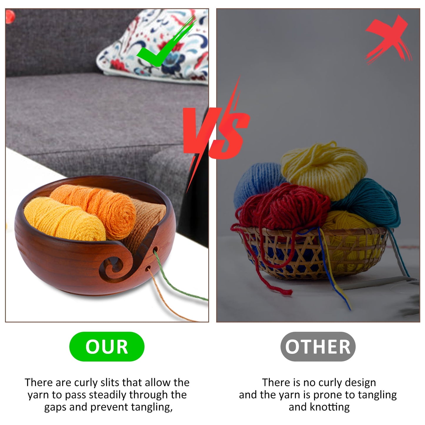 Toorise Wooden Yarn Bowl,Knitting Yarn Bowl with Holes,Pine Wood Crochet Bowl Holder,Weaving Thread Bowl to Prevent Slipping