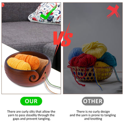 Toorise Wooden Yarn Bowl,Knitting Yarn Bowl with Holes,Pine Wood Crochet Bowl Holder,Weaving Thread Bowl to Prevent Slipping