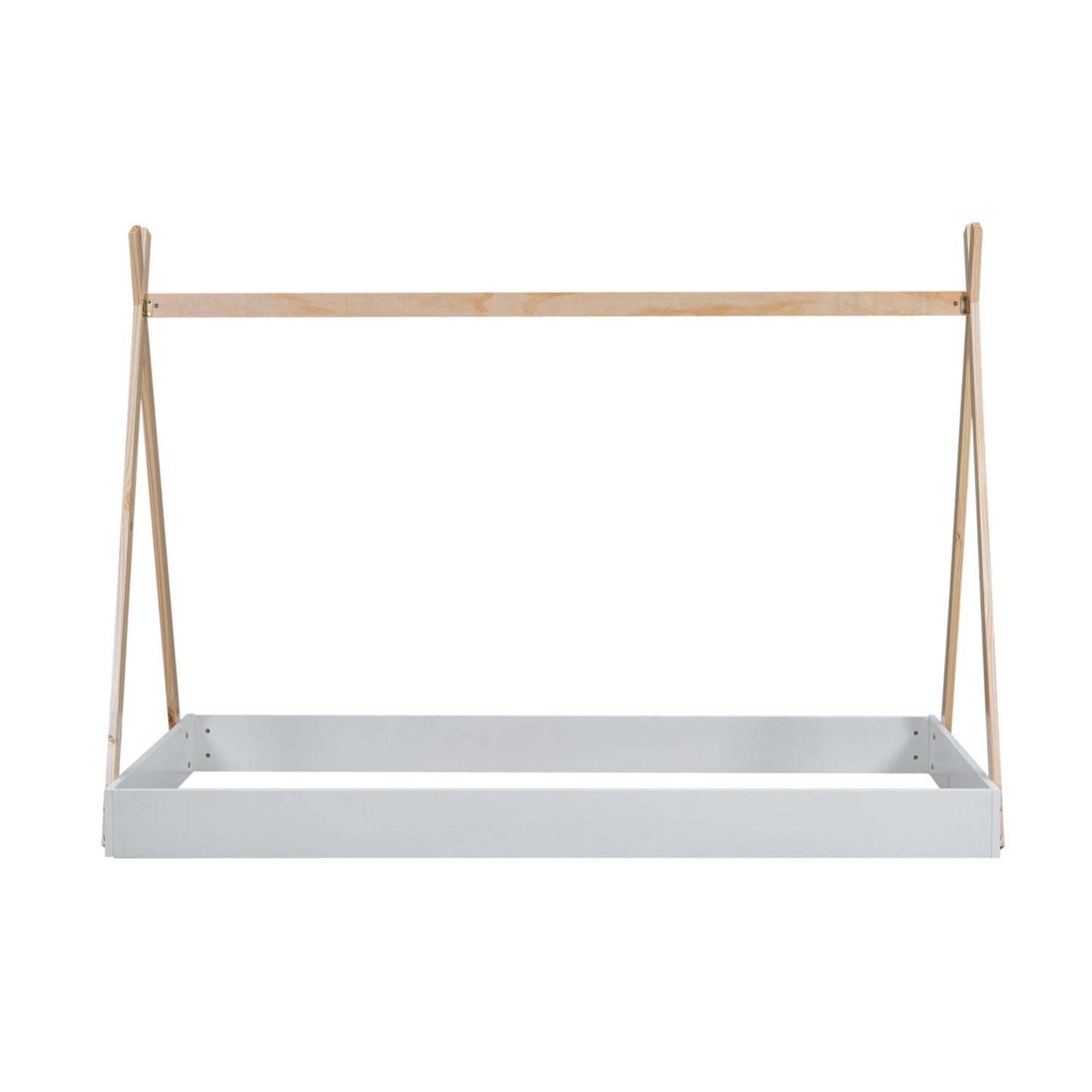 Twin Size Tent Floor Bed Frame with Triangle Structure, Teepee Platform Bed for Kids, Montessori Floor Bed for Toddlers Girls Boys, No Box Spring Needed(Twin,White+Natural)