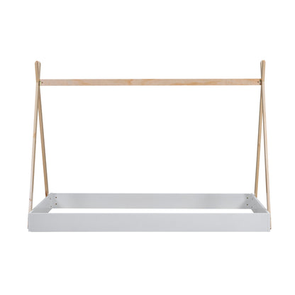 Twin Size Tent Floor Bed Frame with Triangle Structure, Teepee Platform Bed for Kids, Montessori Floor Bed for Toddlers Girls Boys, No Box Spring Needed(Twin,White+Natural)