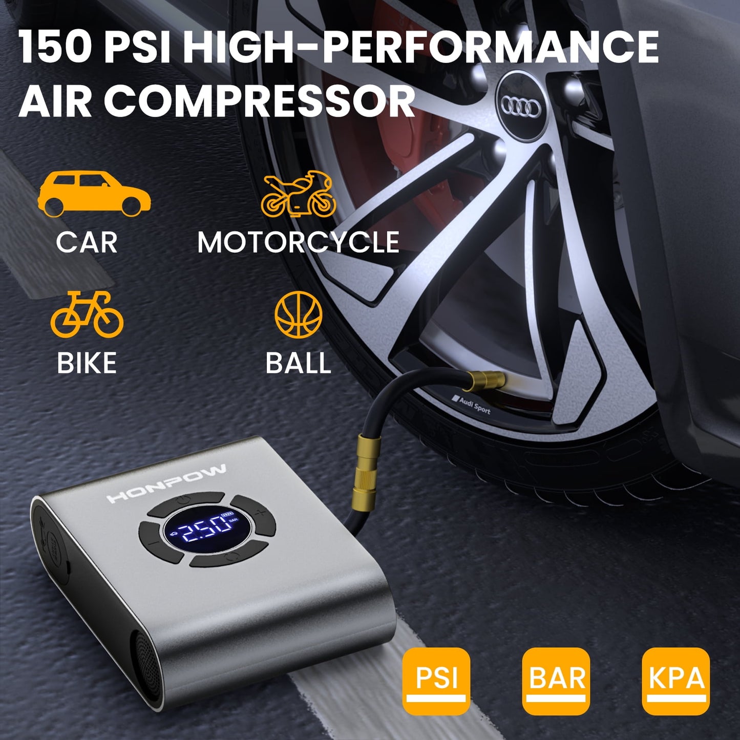 HONPOW Portable Car Jump Starter with Air Compressor 150PSI 2000A Peak Battery Booster Pack (up to 8.0L Gas or 5.5L Diesel Engine) 12V Jump Box with Jumper Cables Digital Tire Inflator Led Light Gray