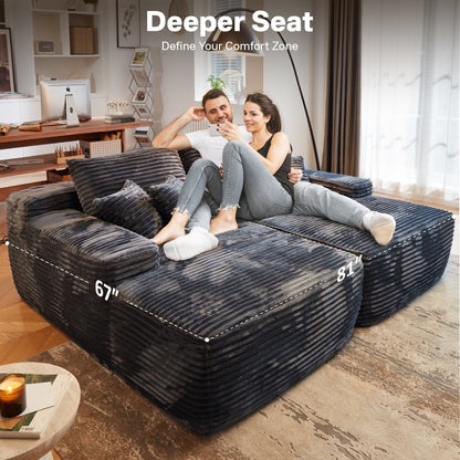 Vcatnet 81" Modular Sectional Sofa Couch Corduroy Chaise Lounge Loveseat Sofa Bed Oversized Upholstered Sleeper Sofa for Living Room and Bedroom, Gray