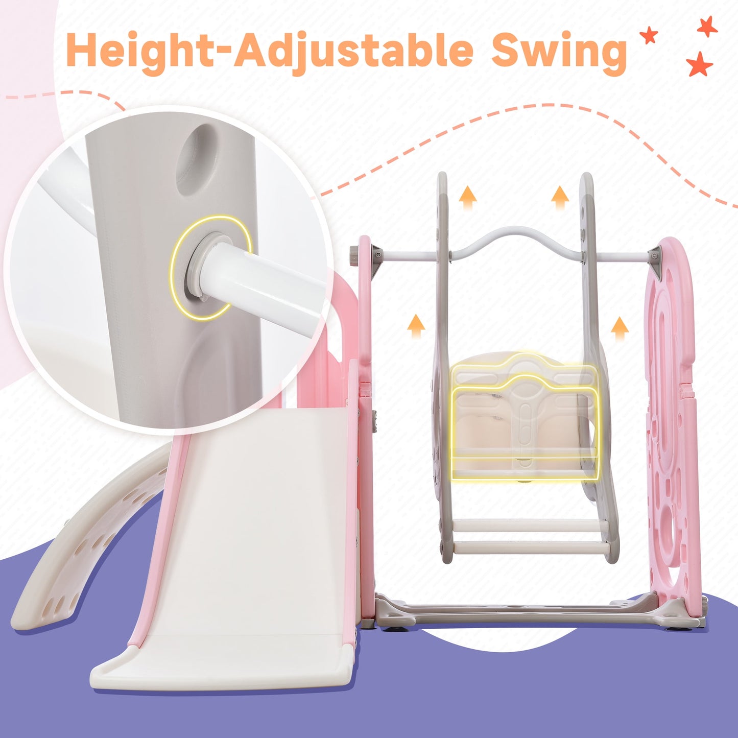 5 in 1 Toddler Slide and Swing Set, Kids Playground Climber Slide Playset with Basketball Hoop Freestanding Combination, Indoor & Outdoor Toys for Babies Kids Teens, Pink