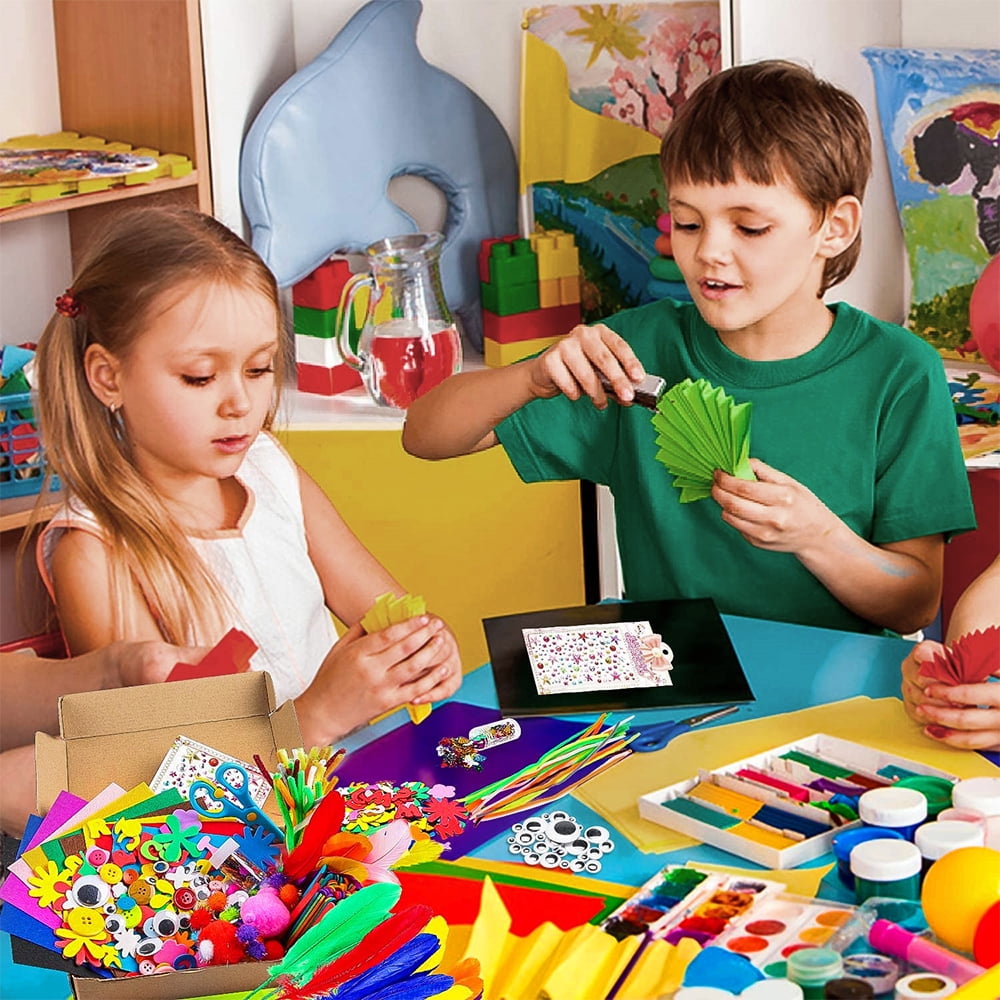 Tcwhniev 1000Pcs DIY Art Craft Kit for Kids Creative Crystal Sticker Felt Wiggle Googly Colorful Wooden Sticks Party Supplies