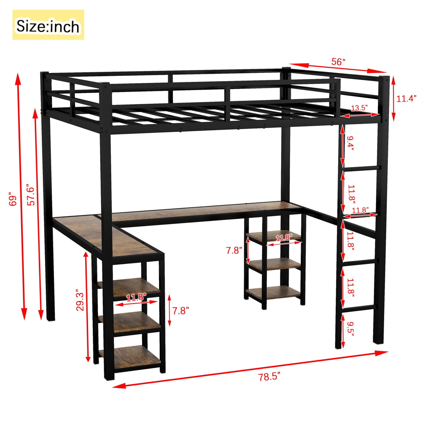 Full Size Loft Bed with Desk and 6 Storage Shelves for Kids Teens Adult, Metal Bed Frame with L-Shaped Desk and Ladder, Noise Free & Space-Saving Design, No Box Spring Needed, Black