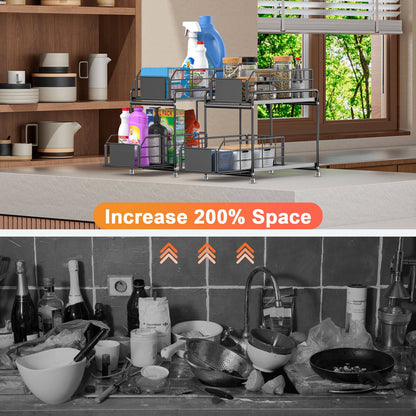 VAVSEA 2 Pack Metal Under Sink Organizers and Storage, 2 Tier Under Double Sliding Cabinet Organizer for Kitchen, Bathroom, Black