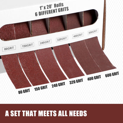 OKYMOTOR Emery Cloth Roll 20ft Aluminum Oxide Abrasive Sandpaper Roll Assortment Kit Reusable Woodworking Boxed Abrasive Paper Metal Wood Polishing Sanding Paper 80/150/240/320/400/600 Grit