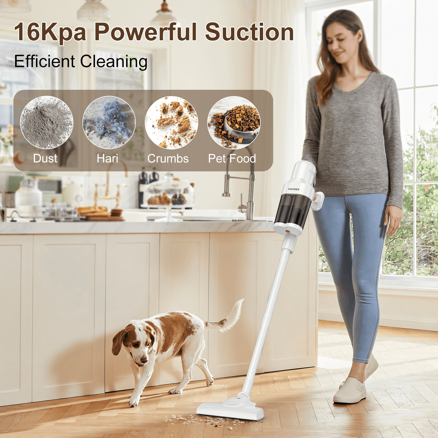VAVSEA Vacuum Cleaner with 800ML Double Dust Cup, Lightweight 16Kpa 600W Powerful Suction Corded Stick Vacuum for Home, Pet Hair, Carpets and Hard Floors, White, New