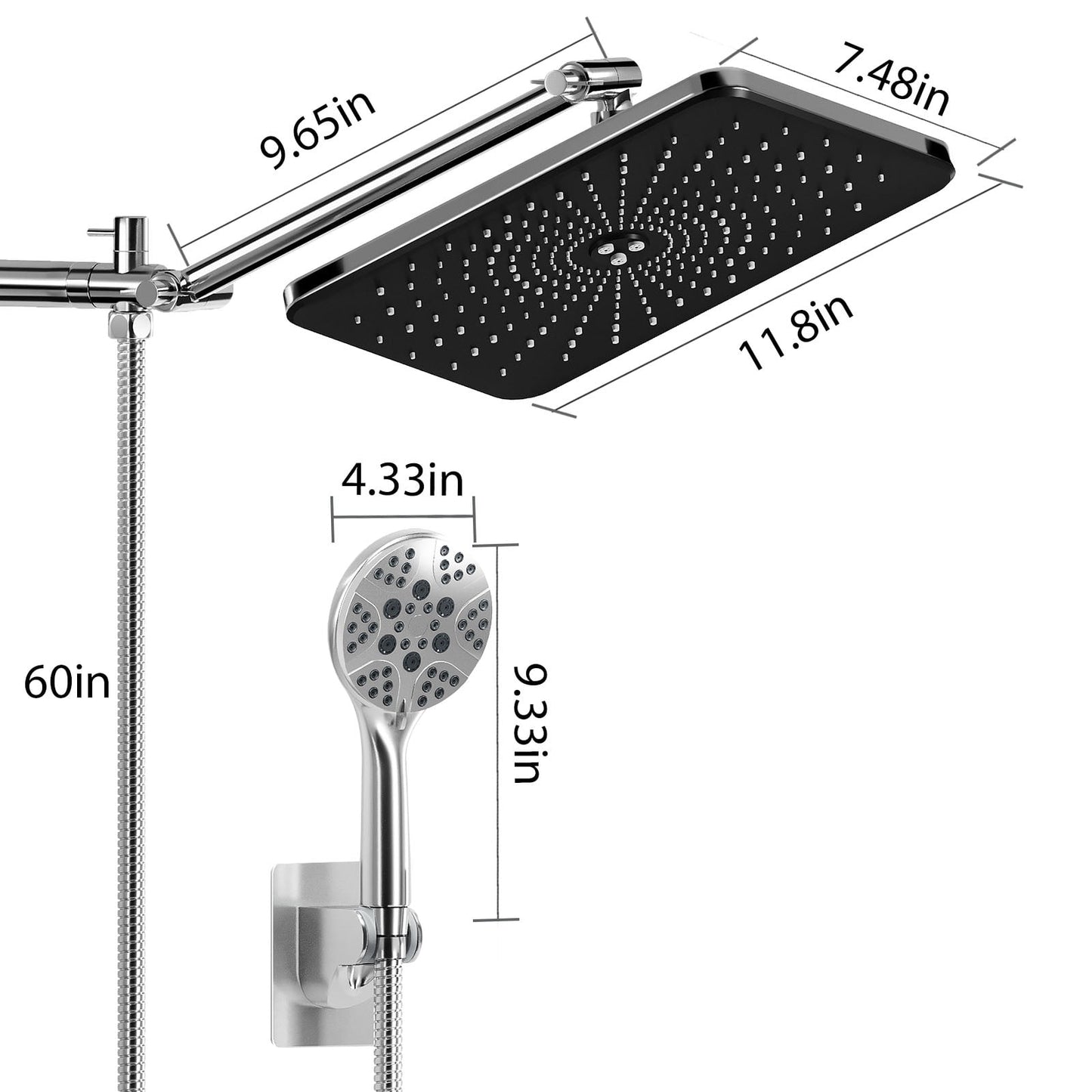 IUSU 8-Setting High Pressure Shower Head, 11.8 inch Rain Shower Head with Handheld and Hose Silver