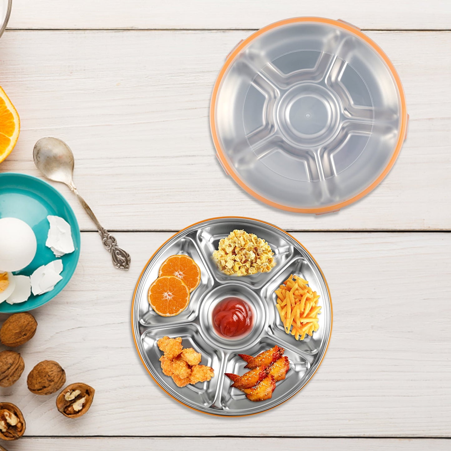 FUYGRCJ 2Pcs Divided Serving Tray with Lid Stainless Steel Veggie Tray 6 Compartment Snack Tray Container 1800ml Divided Platter Tray Snack Box Container Fruit Trays Snack Platter