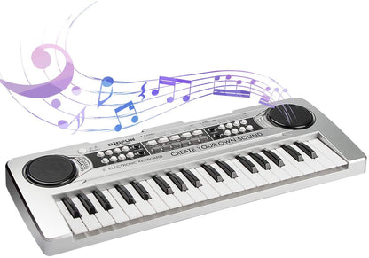 AIMEDYOU Kids Piano, Kids Keyboard 37 Keys Portable Electronic Musical Instrument Multi-Function Music Piano for Kids Early Learning Educational Toy Birthday Xmas Day Gifts (Silver)