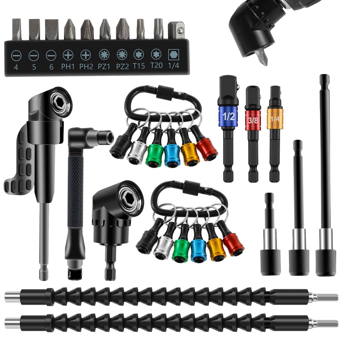 FUYGRCJ 33Pcs 1/4 Inch Hex Shank Screwdriver Bit Holder Metal Bit Holder Keychain Flexible Drill Bit Extension Kit with 105° Right Angle Drill Extension 1/4inch 3/8inch 1/2inch Socket Adapter