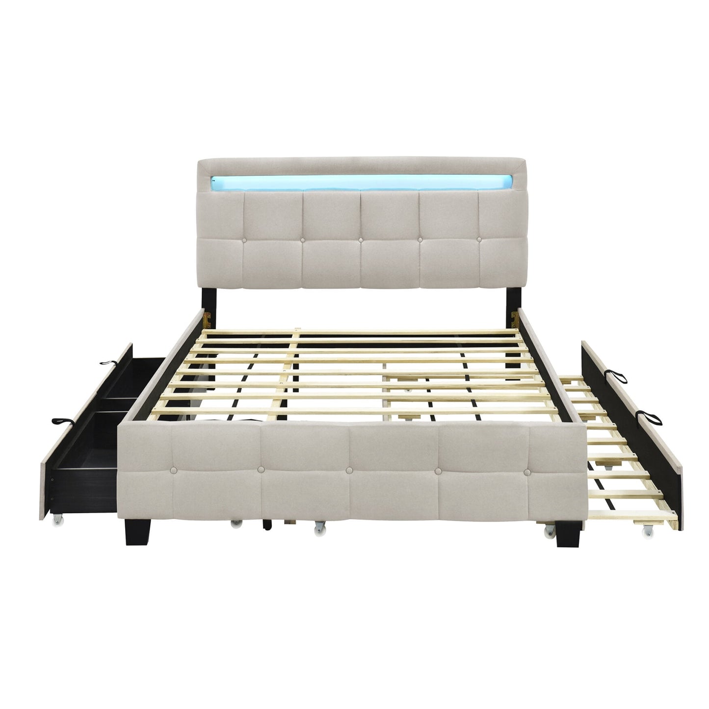 Queen Size Platform Bed, Modern Upholstered Bed Frame with LED Frame, Twin Size Trundle and 2 Drawers, Multifunction Linen Fabric Storage Bed, No Box Spring Needed, Beige