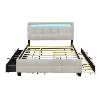 Queen Size Platform Bed, Modern Upholstered Bed Frame with LED Frame, Twin Size Trundle and 2 Drawers, Multifunction Linen Fabric Storage Bed, No Box Spring Needed, Beige