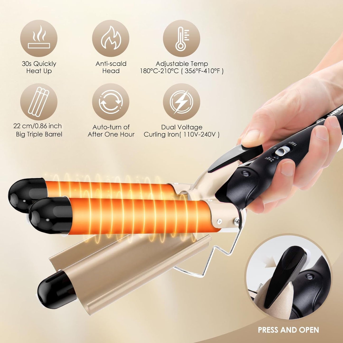 Morfone 3 Jumbo Barrel Curling Iron Wand 22mm Hair Waver Temperature Adjustable Ceramic Big Waves Hair Crimper (Gold)