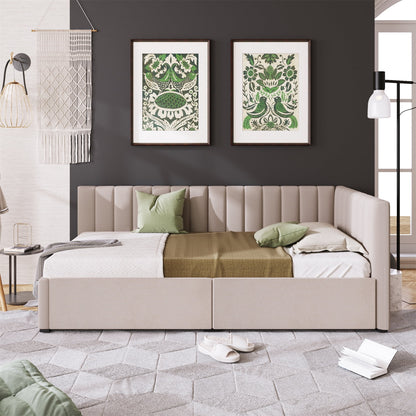 Upholstered Daybed with 2 Storage Drawers, Twin Size Sofa Bed Frame with 10 Wood Slats Support, Solid Wood Platform Bed Frame for Bedroom Living Room, No Box Spring Needed, Linen Fabric (Beige)