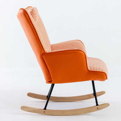 Modern Houndstooth Nursery Rocking Chair with Metal Frame, High Back Leisure Armchair with Wooden Curved Legs, Comfy Wingback Glider Rocker Chair for Living Room, Bedroom, Balcony, Orange