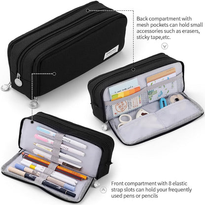 Tcwhniev Large Capacity Pencil Case 3 Compartment Pen Pouch Bag for School Teens Girls Boys Men Women (Black)