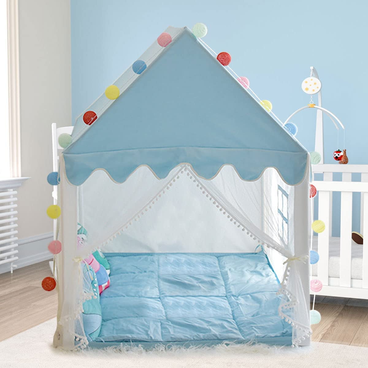 Tcwhniev Princess Castle Tent for Girls Fairy Play Tents for Kids Blue Playhouse with Fairy Star Lights Toys for Children or Toddlers Indoor or Outdoor Games 51.2 x 39.4 x 47.2 Inch